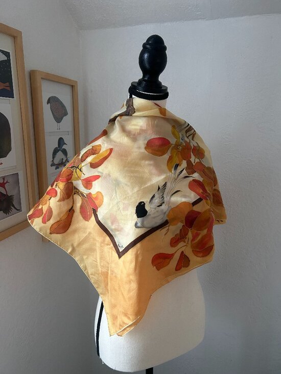 Lovely 100% Silk Scarf Print 34 inches square floral orange yellow but with SNAG - Picture 3 of 8